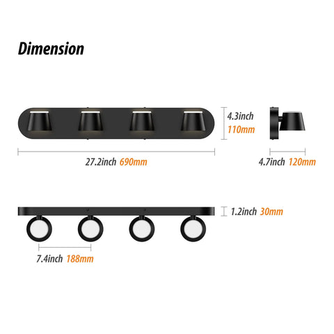 Dimensions of 4 Light LED Matte Black Bathroom Vanity Bar Lights Dope Up And Down Rotatable Dimmable Wall Fixtures 27 Inch Over Mirror
