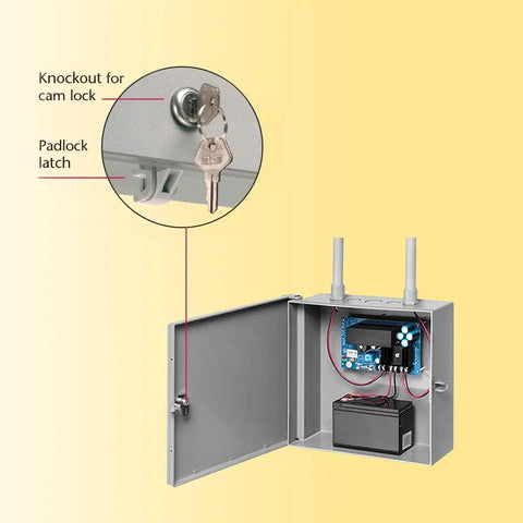 Non Metallic Electronic Equipment Enclosure Box 12 x 12 x 4 Inches Lockable Padlock Ready Latch open showing internal components