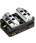 Heavy Duty Self Centering Vise For CNC Machines Built Tough Rock Solid Zero Hassle Jaw Grip Sweet Clamping Pipes Round Stock Smooth Swivel Base Workbench Five Axis angled view showing alloy steel frame and precision jaws.
