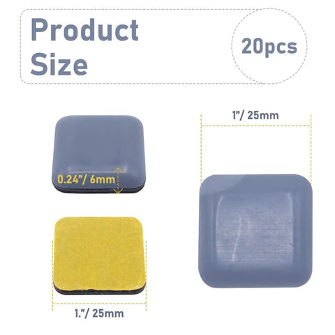 20 Pack 1 Inch Square Furniture Sliders with Self Adhesive PTFE Glide Pads and measurements