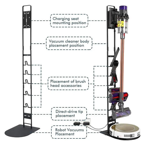 Versatile Vacuum Stand And Wall Mount For Dyson V12 V15 V11 V10 V8 V7 And Cleaning Robots with organized charging and storage slots