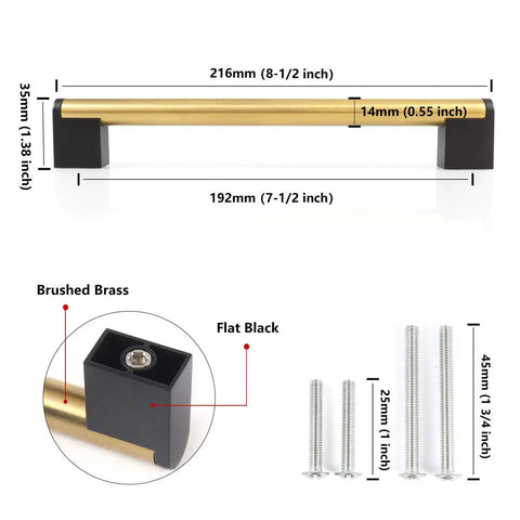 Brushed Brass Square Cabinet Handles Set With Stainless Steel Drawer Pulls For Kitchen, Bath And Bedroom Furnishings, 7-1/2 Inch Hole Spacing 192mm, 10 Pack diagram with dimensions and close-up
