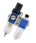 Compact Pro Grade FRL Unit with Regulator and Lubricator, Oil Separation for Pneumatic Tools, shown at angle.