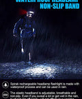 Person running in rain with Ultra Bright 1000 Lumen USB Rechargeable Headlamp With 230 Degree Broadbeam And Red Taillight.