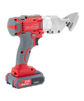 Powerful 600W Cordless Electric Scissor Shears With 36V Dual Battery System And Two Speed Settings Cuts Iron Steel Aluminum Smoothly Heavy Duty Industrial Metal Cutter side view showing the ergonomic grip and cutting head.