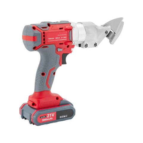 Powerful 600W Cordless Electric Scissor Shears With 36V Dual Battery System And Two Speed Settings Cuts Iron Steel Aluminum Smoothly Heavy Duty Industrial Metal Cutter side view showing the ergonomic grip and cutting head.