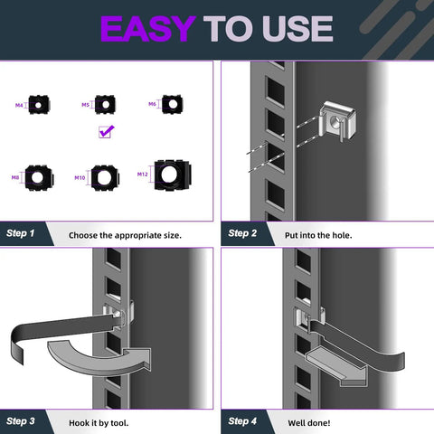Heavy Duty Black Zinc Plated Carbon Steel Cage Nuts 48 Pc Assortment Snap In Rack Rail Retainer Hardware For Server Cabinets And Telecom Racks M4 Through M12 Solid Grip Clips Installation Guide Steps Image.