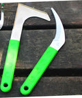 Go-To 4 Pack Stainless Steel Weeding Sickle Set for easy grass cutting with green handles on wooden background.