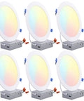 Ultra Thin 8 Inch LED Recessed Downlight With Junction Box, 5CCT Selectable, pack of 6, shown with LED lights on.