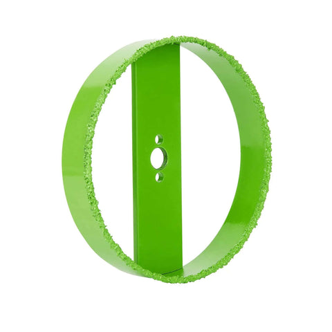 6-1/4 inch carbide hole saw for recessed can lights; green ring with serrated cutting edge and mounting holes