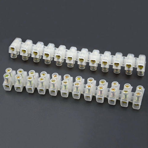 Six Pack 12 Position Double Row Terminal Block Set Flame Retardant Nylon Barrier Connector 6A 10A 20A on black surface