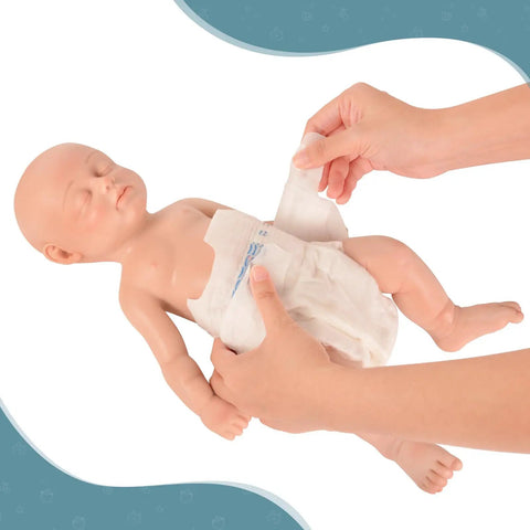 Legit Carefully Sculpted Full Silicone Reborn Boy Doll, Super Soft Sleepy Infant Figure With Flexible Joints being diapered.