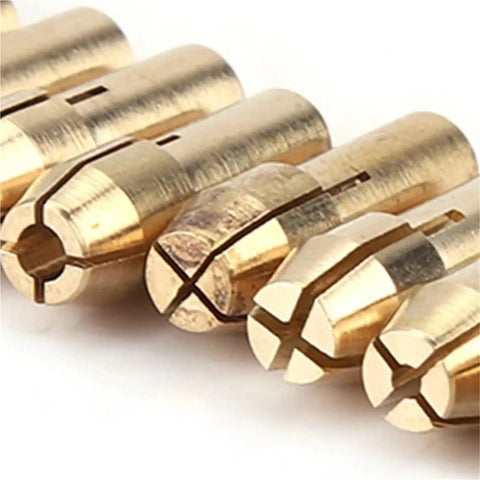 Top Tier Rotary Tool Brass Collet Set 3-Pack Featuring Quick Change Chuck With 0.5 To 3.2mm Range And 4.3mm Shank Adapter For Dremel Style Grinders And Polishers showing close-up of brass collets.
