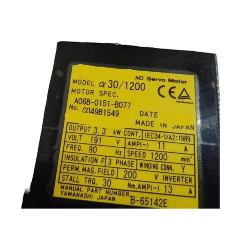 Industrial Grade Three Phase Permanent Magnet Synchronous Servo Motor Beast With Closed Loop Precision For Accurate Position And Speed Control In Automation Rapid Dynamic Response And Smooth Acceleration Voltage Compatibility Model A06B 0151 B077 label.