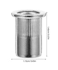 50 Pack M6 Stainless Steel Rivet Nuts Kit With Knurled Threaded Inserts And Flat Head For Vibration-Resistant Fastening, Rapid Assembly, Ideal For Furniture Repair And Thin Metal Sheets; single insert with dimensions shown