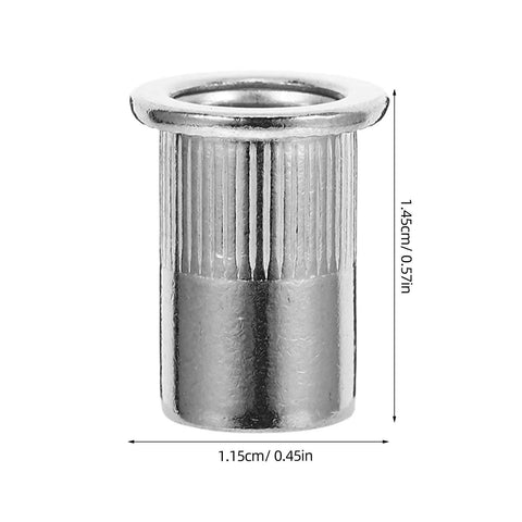 50 Pack M6 Stainless Steel Rivet Nuts Kit With Knurled Threaded Inserts And Flat Head For Vibration-Resistant Fastening, Rapid Assembly, Ideal For Furniture Repair And Thin Metal Sheets; single insert with dimensions shown