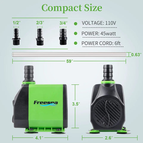 Small Pond Pump With Hose 45W 800 GPH Adjustable Flow Circulates 500 To 1200 Gallons Compact size, includes adapters and dimensions.