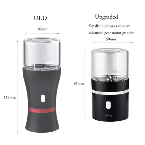 Comparison of old and upgraded On The Go Portable Mini Electric Grinder For Spices And Herbs with 50ml jar, USB rechargeable.