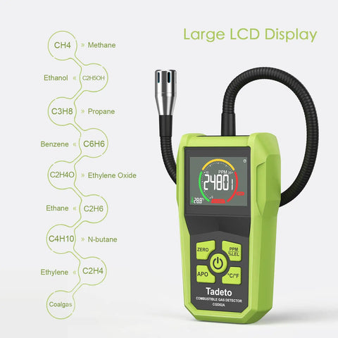 Pro Grade Natural Gas Detector With 2.6 Inch LCD Display And 12 Inch Gooseneck Probe, shown detecting gas levels.