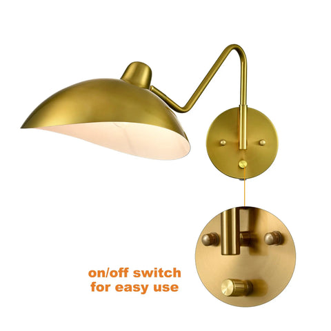 Plug In Wall Sconce Set Of 2 With Adjustable Swing Arm In Gold Brass Finish Easy On Off Switch 2 In 1 Plug In Or Hardwire