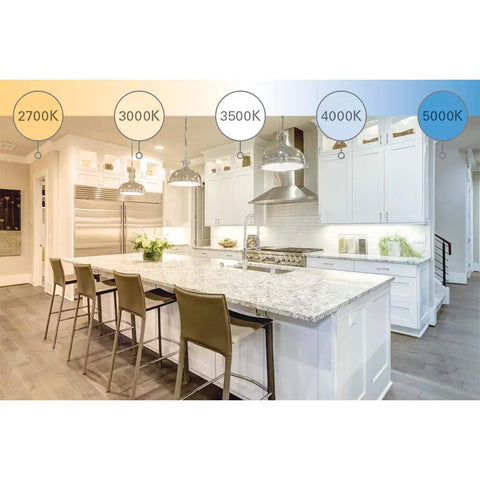 Kitchen with lighting options, Canless LED Recessed Light 6 Inch, 4 Pack, Wet Rated With Mounting Frame, 2700K to 5000K color temperatures.
