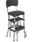 Retro Style Counter Height Chair With Pull Out Step Stool Cushioned Vinyl Seat And Back In Black And Chrome Finish Easy To Clean