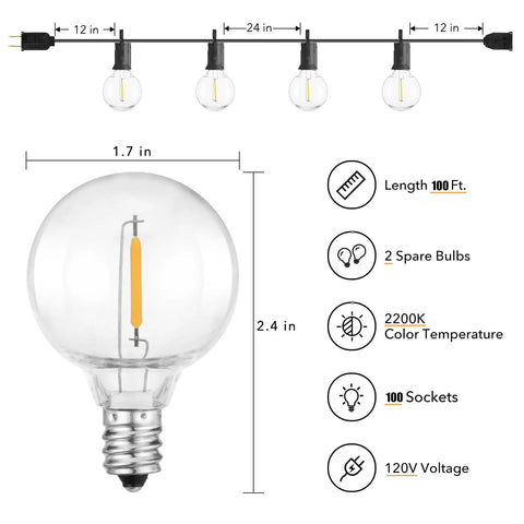 LED Outdoor String Lights 100ft With 104 Bulbs Weatherproof Shatterproof Patio Lights for Backyard Vibes diagram