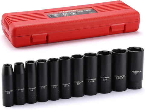 Eleven Piece Deep Impact Socket Set With One Half Inch Drive SAE Three Eighths To One Inch Six Point Flank Drive Drop Forged Chrome Vanadium