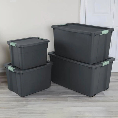 Heavy Duty 24 Pack 20 Gallon Stackable Plastic Storage Bins With Secure Latch Lock Tops in gray, ideal for garage sorting.