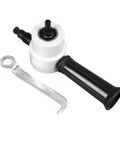 Dual Head Metal Sheet Cutter With 360 Degree Nibbler Drill Attachment shown with metal wrench, ideal for burr free sheet cutting.