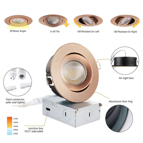 4 Inch LED Gimbal Recessed Light Kit 6 Pack Dimmable Eyeball Soffit Lights With Junction Box 5 CCT Selectable 9W 750LM diagram