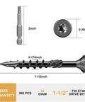 Deck Screws One And A Half Inch Size Eight Wood Screws 300 PC Set Black Epoxy Coated Anti Rust Exterior Decking Screws With Torx Star Drive And T25 Bit Included Ideal For Outdoor Projects diagram