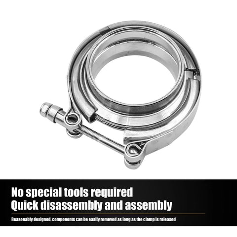 Front view of a 2.5-inch stainless steel exhaust clamp kit with V-bolt and male/female flange, silver
