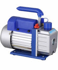 Straight Up Heavy Duty 4.5 CfM HVAC Vacuum Pump Single Stage Rotary Vane 1/3HP with a blue and silver design.
