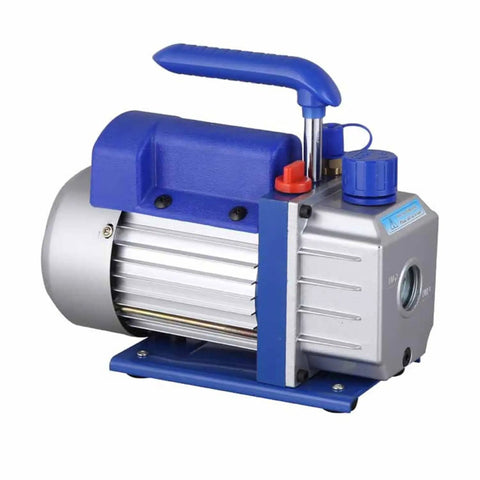 Straight Up Heavy Duty 4.5 CfM HVAC Vacuum Pump Single Stage Rotary Vane 1/3HP with a blue and silver design.