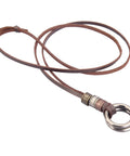 Top Shelf Handcrafted Leather Necklace For Men And Women Boasting A Fly Vintage Hippie Design With Adjustable Long Cord and smooth alloy ring pendant.