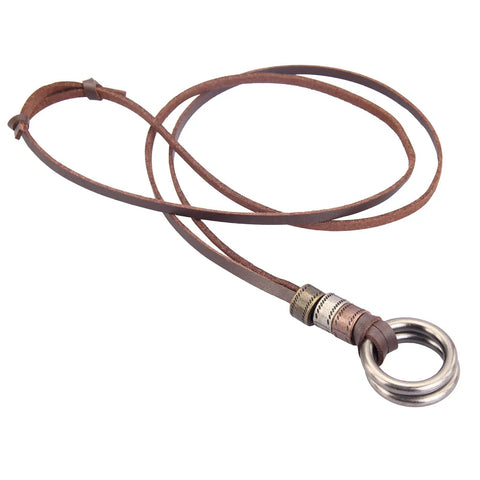Top Shelf Handcrafted Leather Necklace For Men And Women Boasting A Fly Vintage Hippie Design With Adjustable Long Cord and smooth alloy ring pendant.