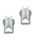Front view of Heavy Duty Nylon Pulleys For Inverted Track Sliding Gate Kit With 201 Stainless Steel Bracket Fixed Guide Rail And Double Bearing Rollers Smooth Rust Proof Ultra Durable For Industrial Carts And Rolling Gates Pack Of 2 68 Mm Wheels.