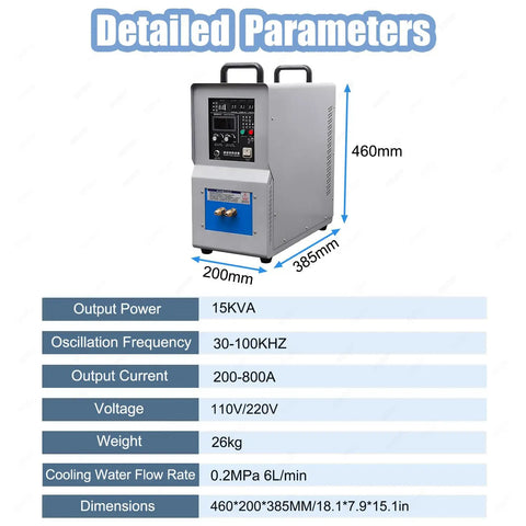 Top Shelf 15 Kilowatt Induction Heater Featuring Liquid Cooling And Smart Safety Cut Off For Lightning Fast High Frequency Heat close-up image with detailed parameters.