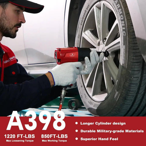 1/2 Inch Aluminum Air Impact Wrench Set Heavy Duty Beefy 1380 Ft Lbs Twin Hammer used for tire removal with a mechanic.