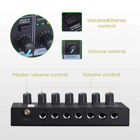 Six Channel Portable Mini Audio Mixer with 6.35mm to 3.5mm Adapters Stereo Mono Switch and 5V DC Power for controls close-up.