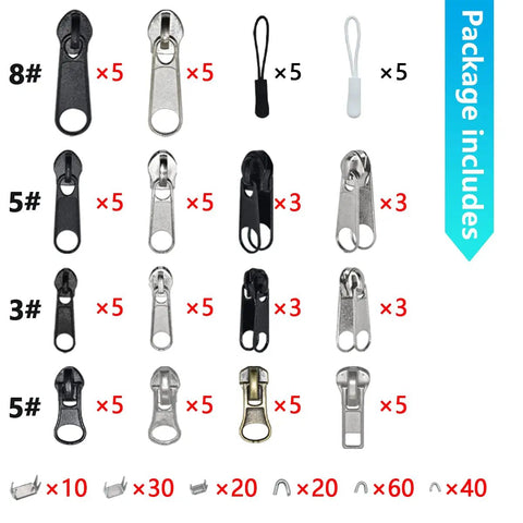DIY Zipper Repair Kit With Replacement Sliders And Pulls, 252 Piece Zipper Slider Set With Installation Pliers, various sizes