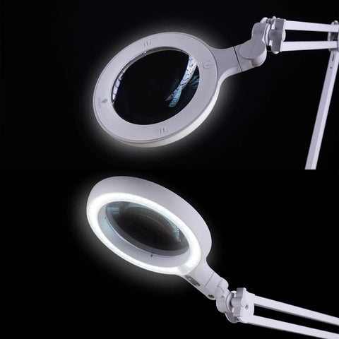 Pro Grade LED Magnifying Lamp With Interchangeable Glass Lenses 3 Diopter And 5 Diopter Adjustable Arm Dimmer Switch close-up view