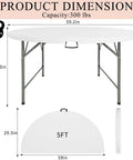 5 Ft Round Folding Table With Carrying Handle, Heavy Duty Portable Plastic Top, Sturdy Steel Legs, Ideal For Parties, Weddings, Events, Dining, Picnics, Indoor Or Outdoor Use, White, 1 Pack, showing dimensions and folded view.