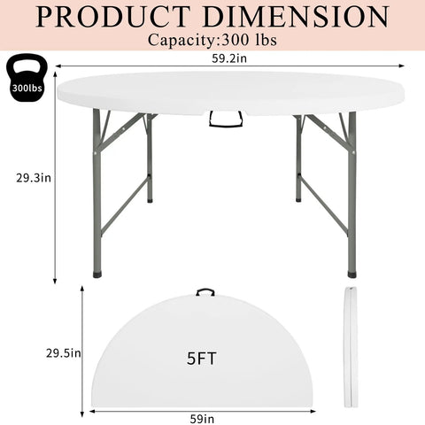 5 Ft Round Folding Table With Carrying Handle, Heavy Duty Portable Plastic Top, Sturdy Steel Legs, Ideal For Parties, Weddings, Events, Dining, Picnics, Indoor Or Outdoor Use, White, 1 Pack, showing dimensions and folded view.