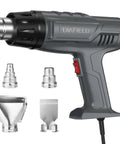 Heavy Duty 1850W Heat Gun With Dual Temperature Settings and four nozzles visible on a white background.