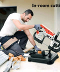 Man using Portable Band Saw Workhorse With Upgraded Removable Alloy Steel Base For Smooth 45 Degree To 90 Degree Metal Cutting