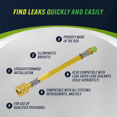 Leak Saver Leak Shot Dye Inject Kit, side view of yellow dye injector with brass fittings and green cap