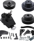 Hot Swap Power Steering Pump Setup For Classic Small Block Chevy V8 Engines Like The 305 And 350 Comes With Heavy Duty Long Water Pump Plus Crankshaft Pulley And Full Bracket Kit To Spice Up Your Old School Ride Today. black steel pump kit with pulleys, brackets, bolts, and spacers