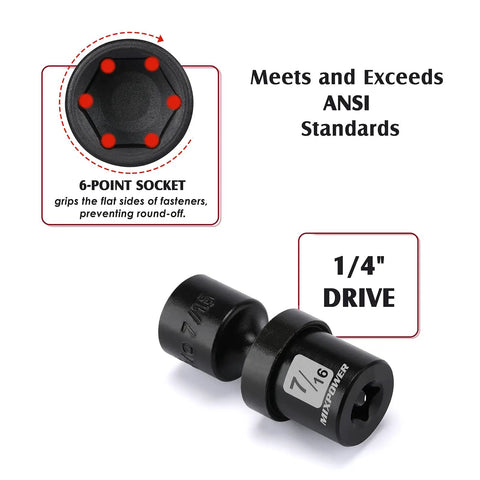 Close-up of 6-point socket showing 1/4 inch drive dimension, part of One Half Inch Drive Deep Universal Impact Socket Set.
